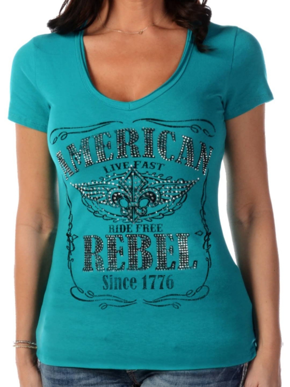 NWT. American Rebel Teal V-Neck Bling Graphic Fluer De Lis Biker Top